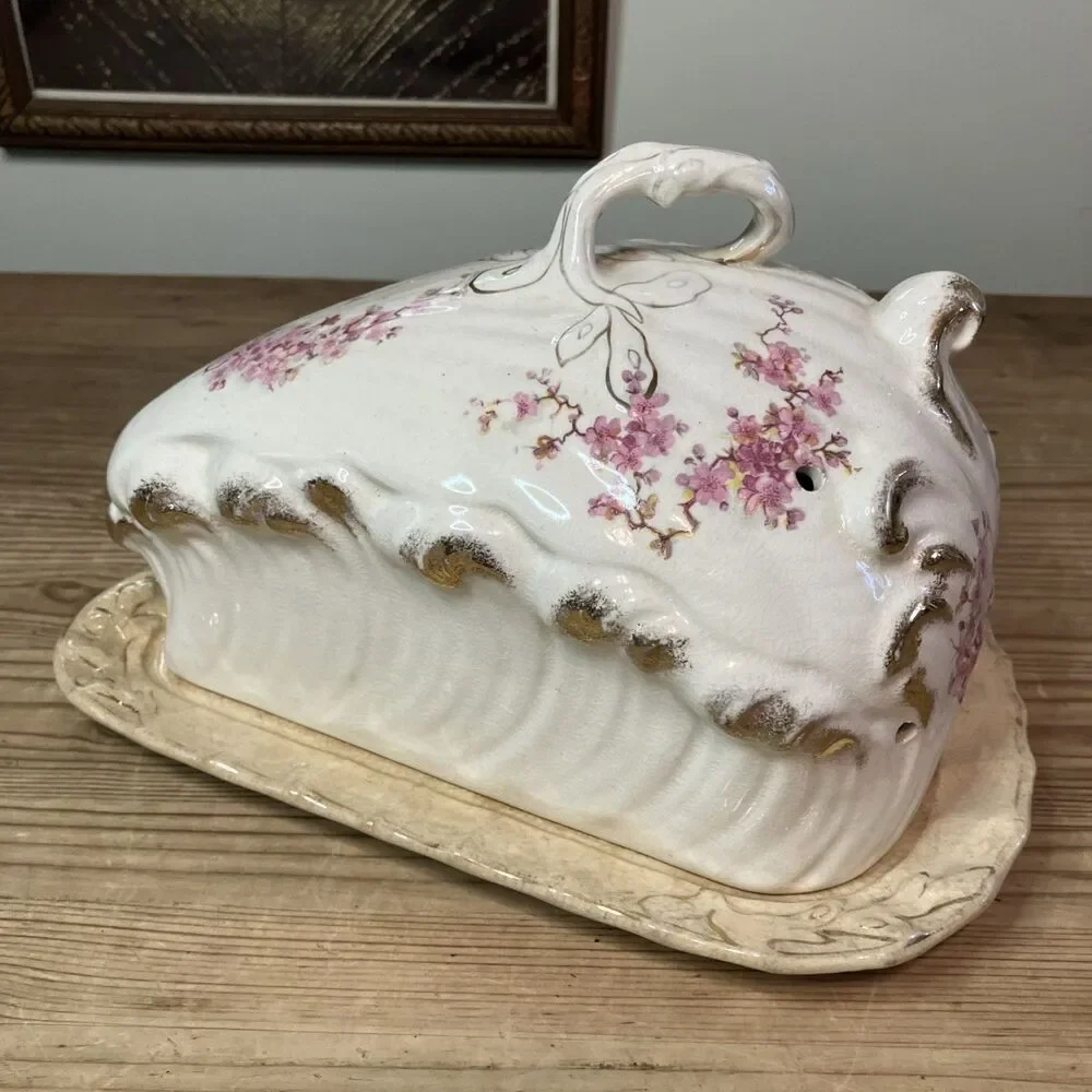 Antique Porcelain Butter Cheese Keeper W/ Lid Pink Flowers Cherry Blossom Gold